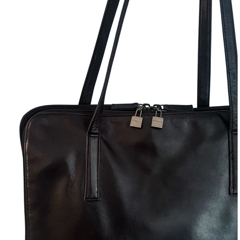 PERLINA Soft Black Leather Multi Compartment Tote Bag Laptop Work Bag Satchel